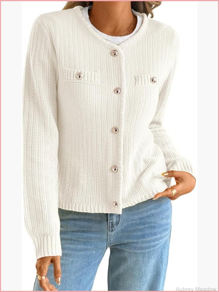 Crewneck Cropped Cardigan With Gold Buttons